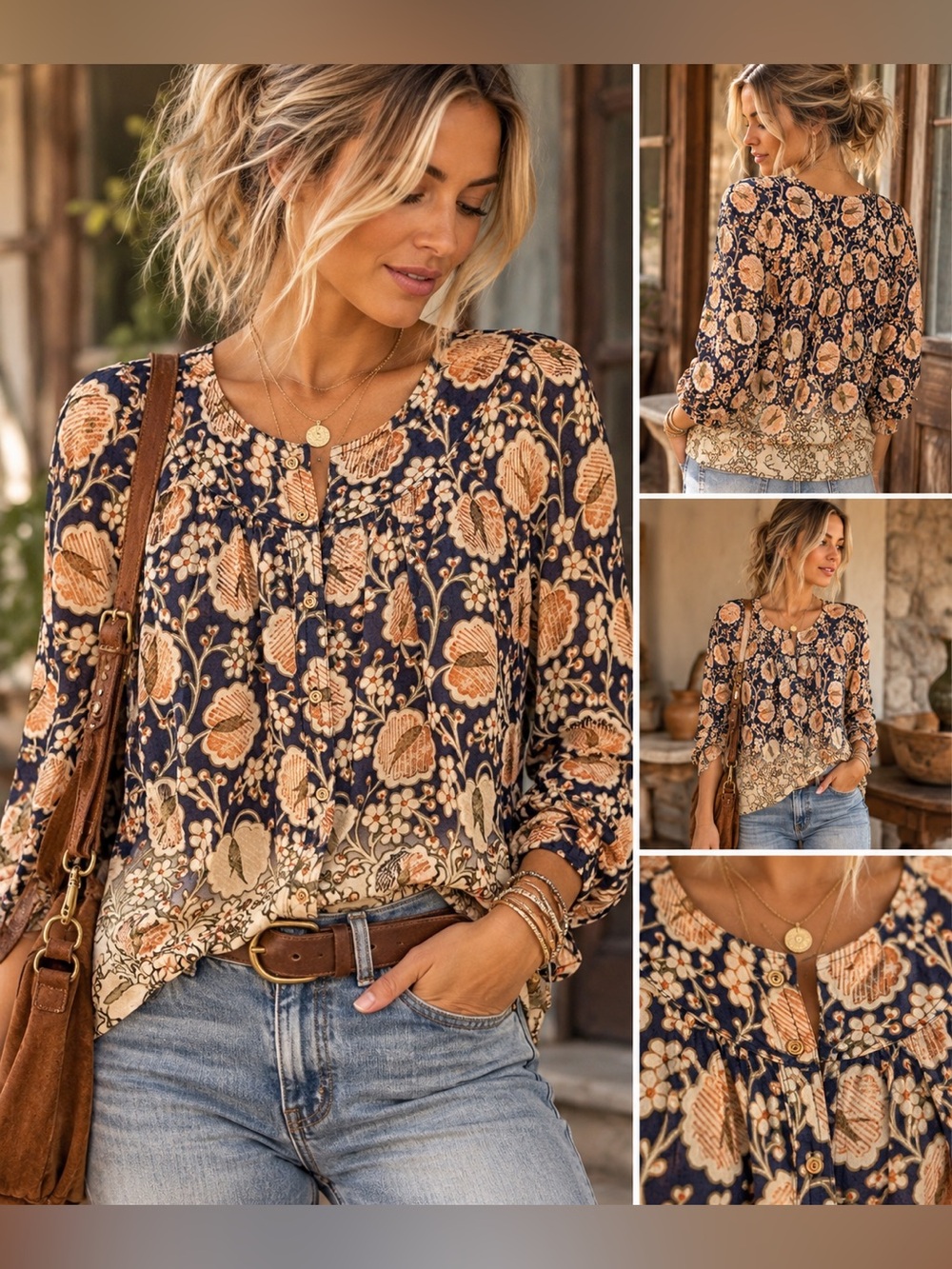 Maeve Anthropologie Floral Button Front Blouse XS Navy Peach Boho Rayon